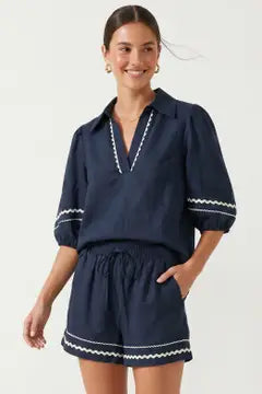 Contrast Trim Puff Sleeve Linen Blouse