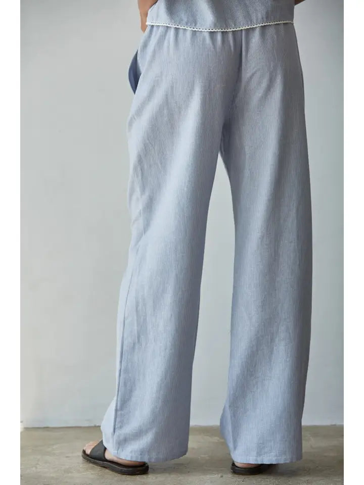 Woven Cotton Linen Striped Wide Leg Pants