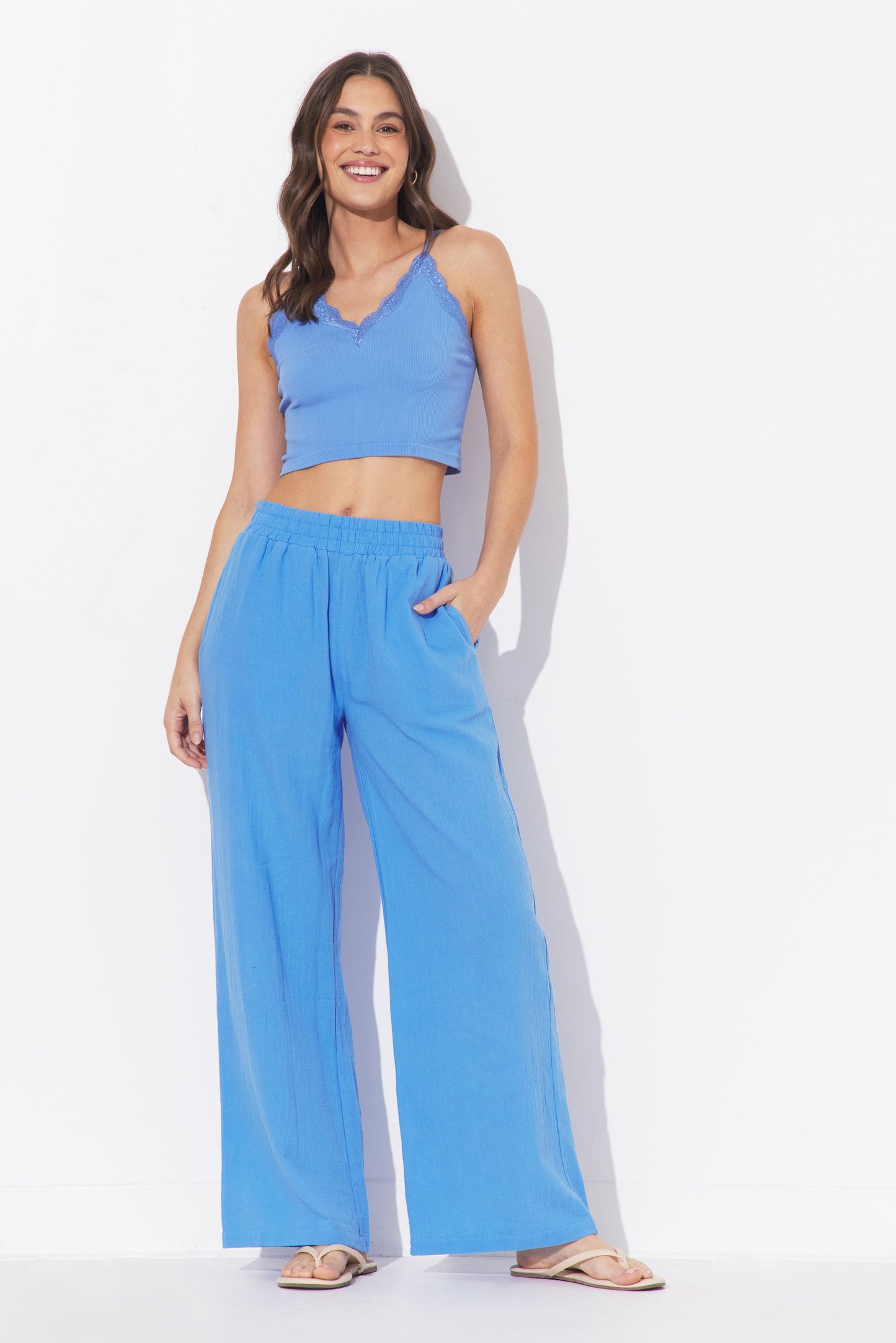 Blue Textured Cotton Pants