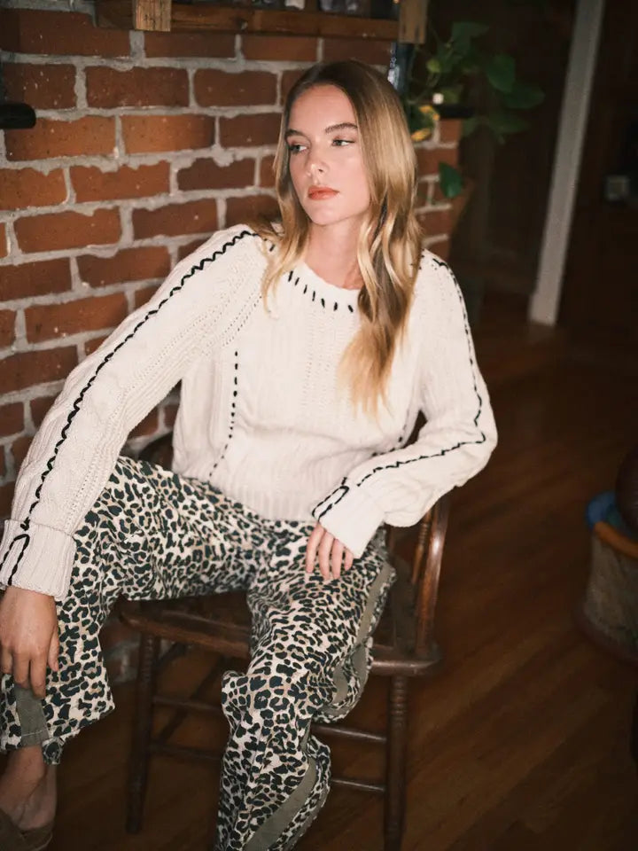 Stitched Detail Cable Sweater Pullover Top