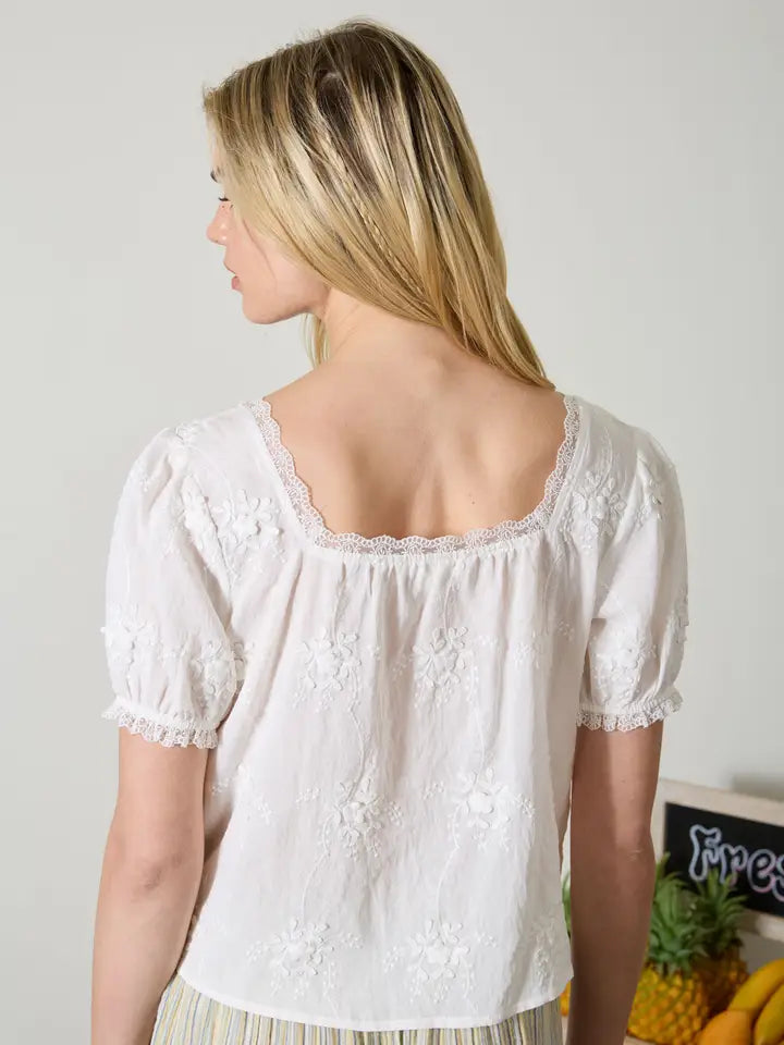 Floral Embroidery Lace Trim Puff Sleeve Top