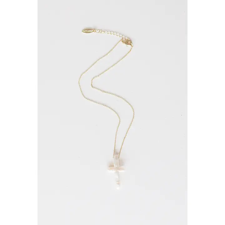 Tara - Chunky Pearl Cross Gold 16" Chain 2" Extender