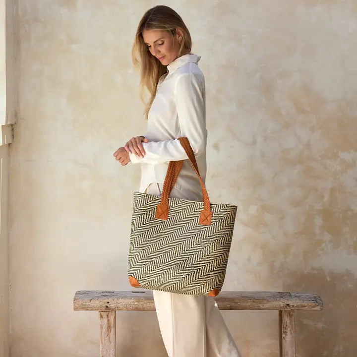 Oversized Rattan Tote Bag with Brown Leather Trim