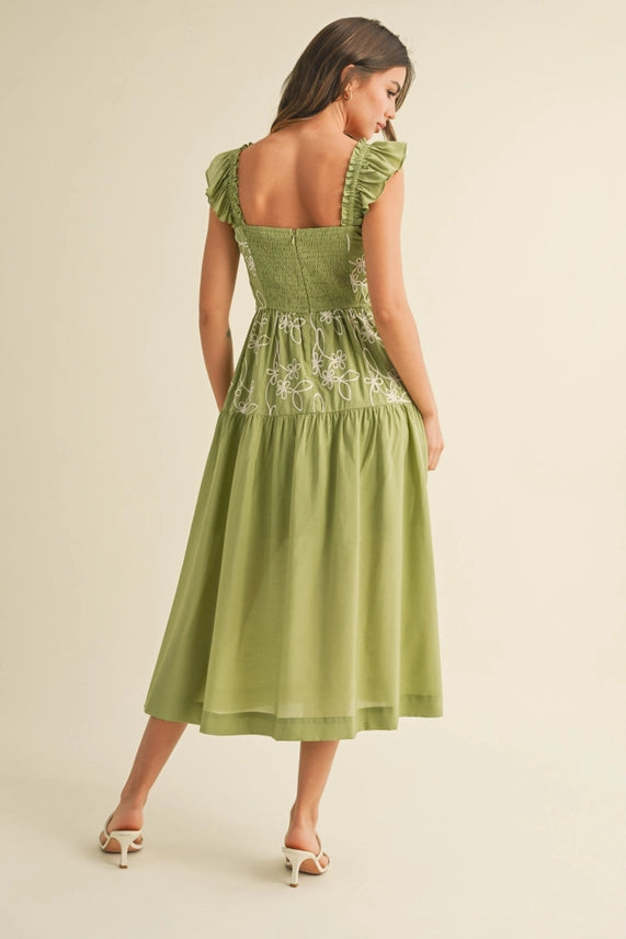 Floral Embroidery Lace Trim Midi Dress