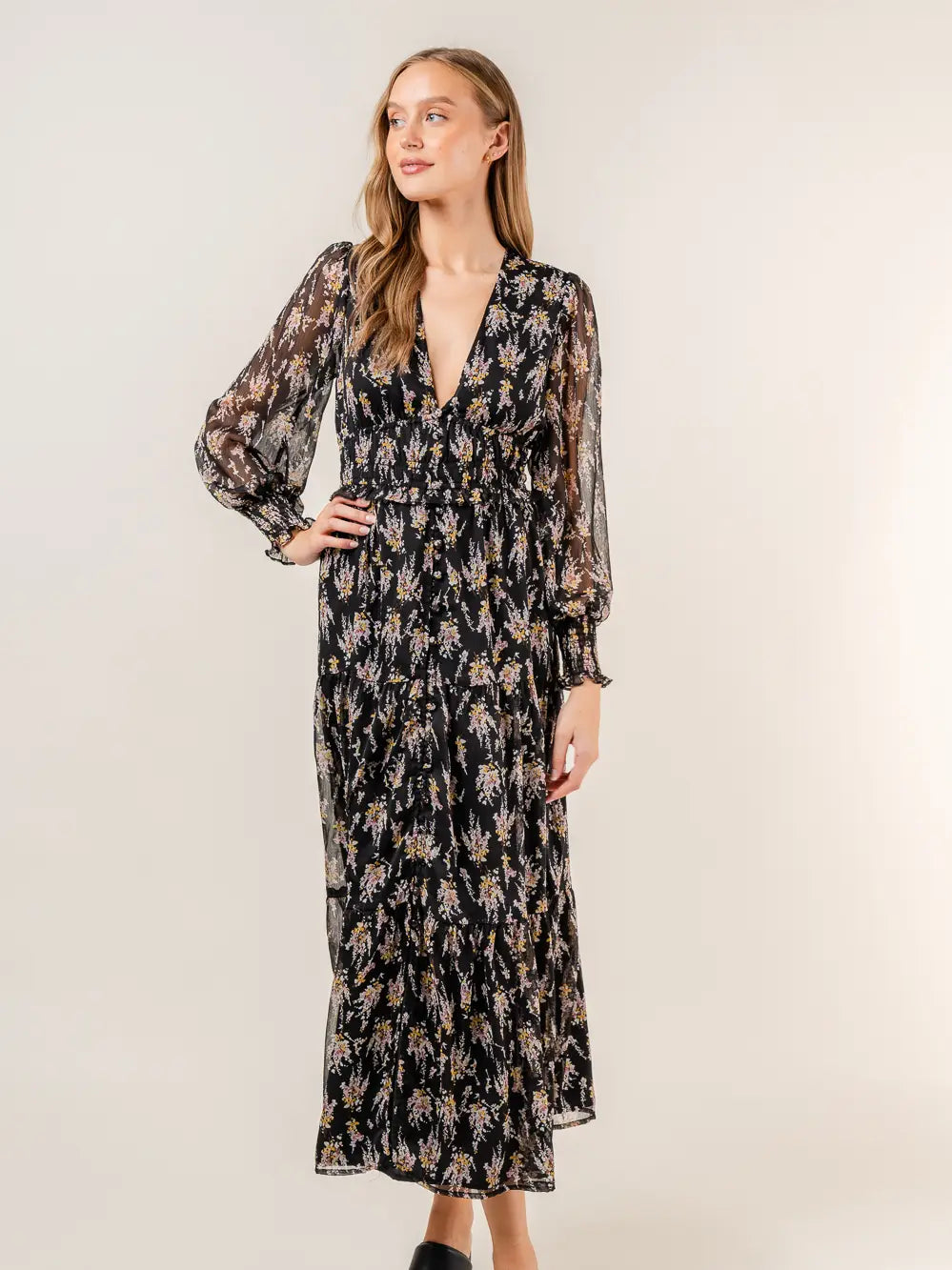 Floral Long Sleeve Dress with V Neck and Smocked Waist