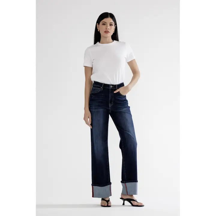 High Rise Wide Leg with Cuff Hem Dark wash