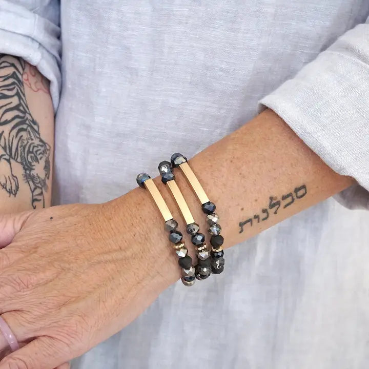 Beaded Bracelets in Black Glass Beads and Gold Tubes