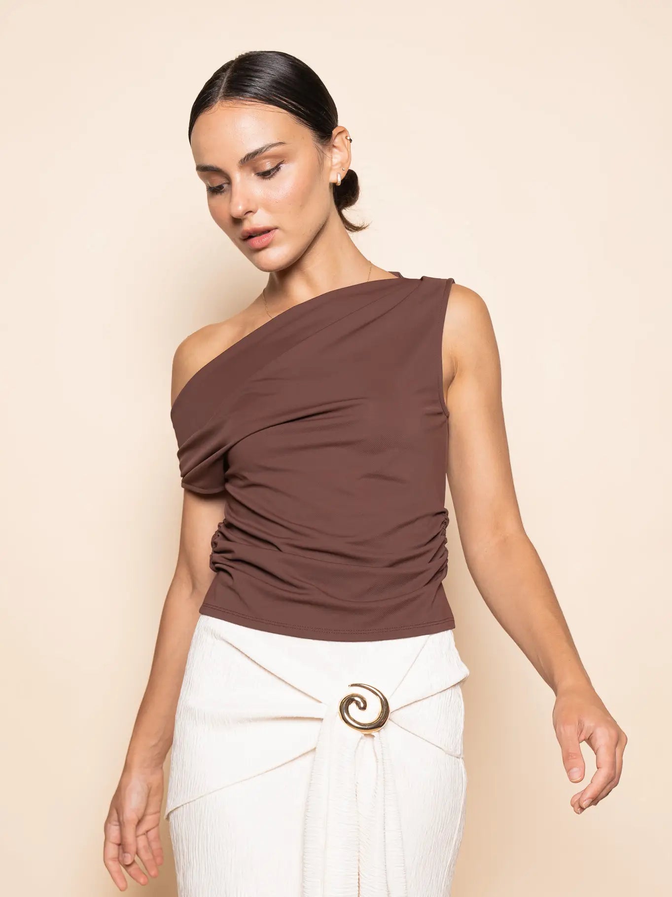 Asymmetrical One Shoulder Top in Chocolate Brown