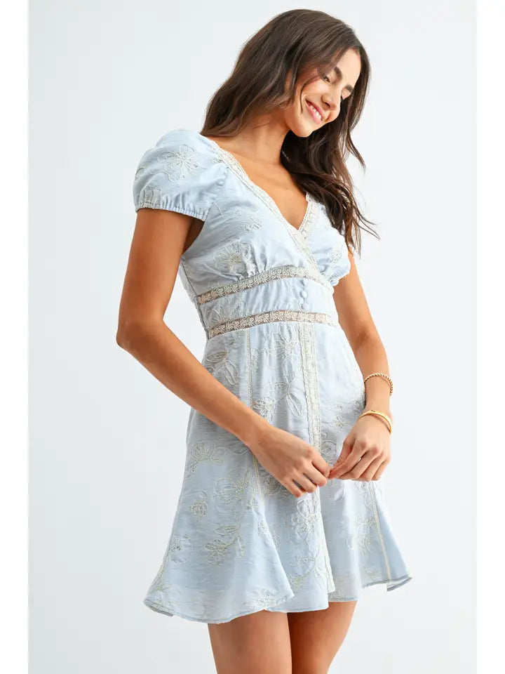 Light Blue Embroidered Dress with Lace Trim