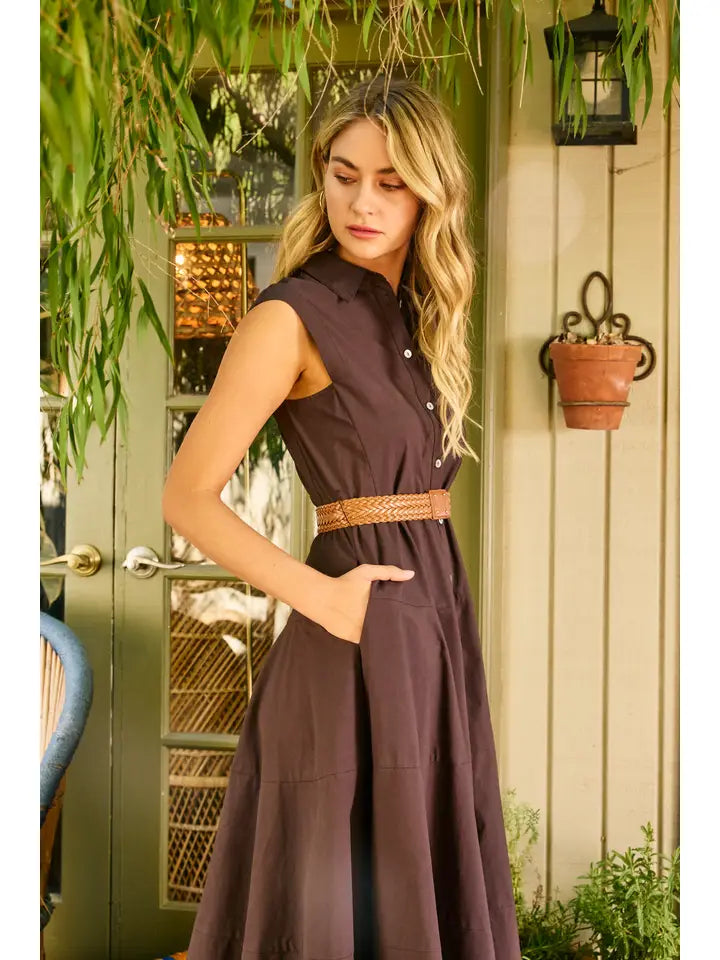 Solid Sleeveless Belted Midi Dress