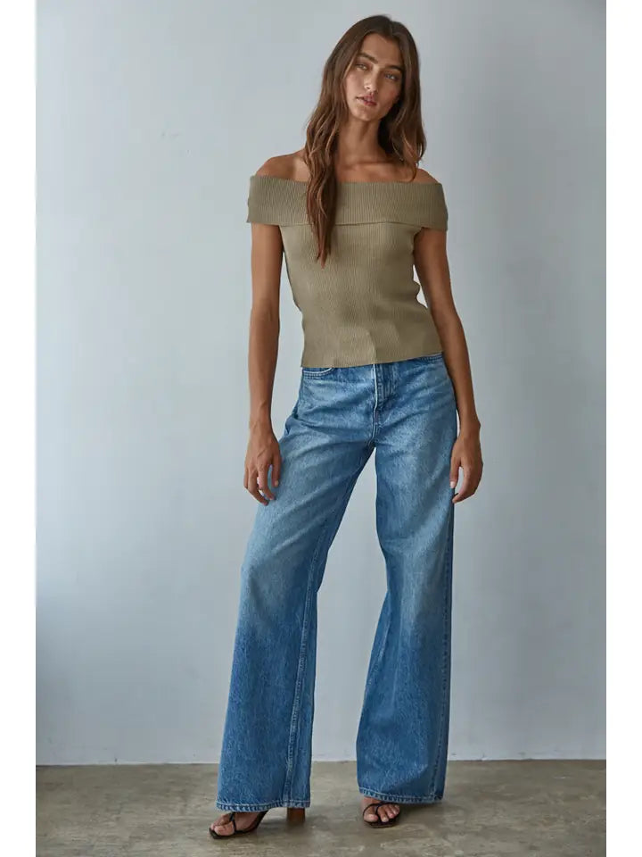 Knit Sweater Ribbed Fold Over Off the Shoulder Top