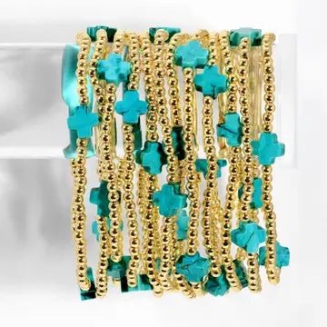 3mm Beaded Stretch Bracelet with Single Gold Cross