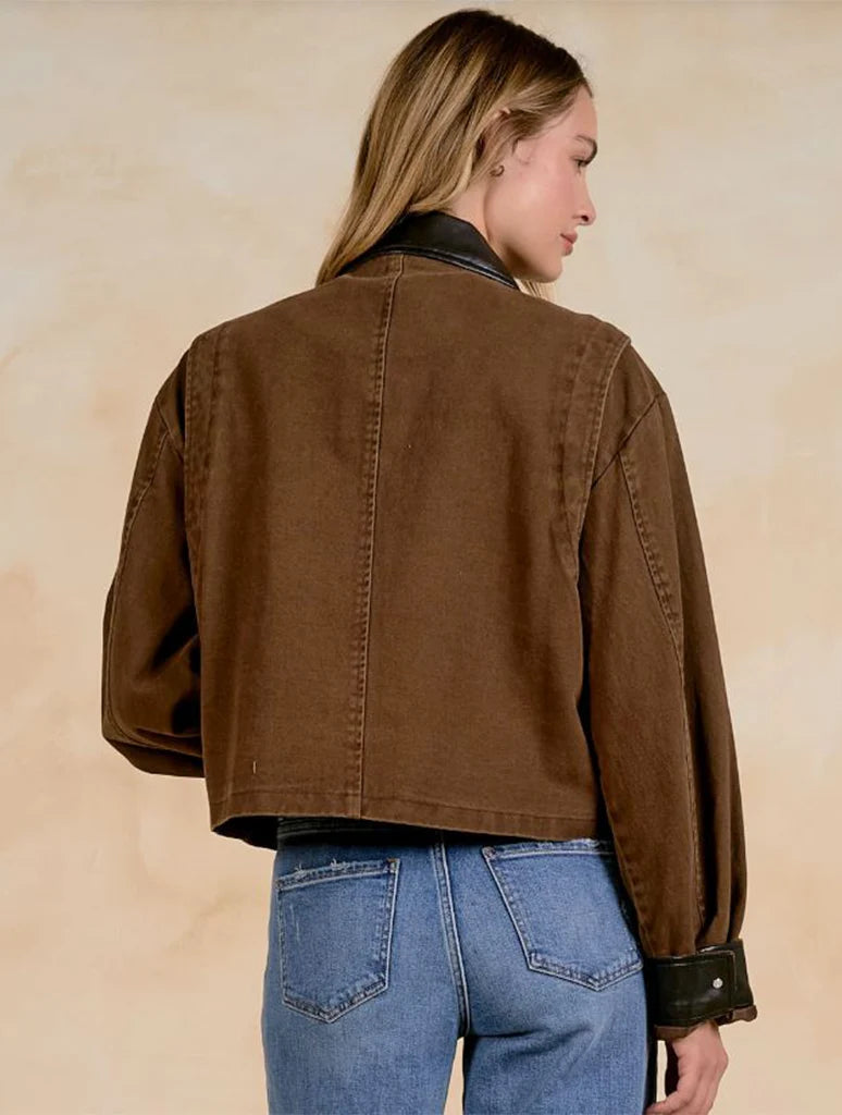 Jacket with Leather Trim Collar and Sleeves