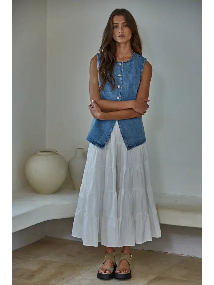 Denim Cotton Viscose Polyester Button Down Vest Top