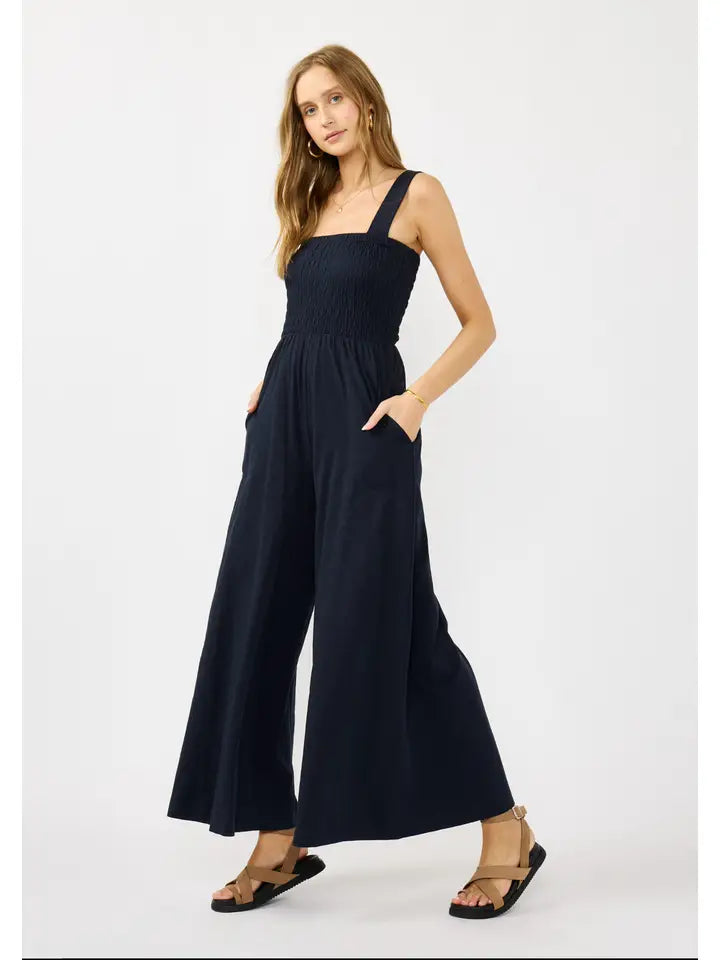 Leg Smocked Bodice Sleeveless Jumpsuit