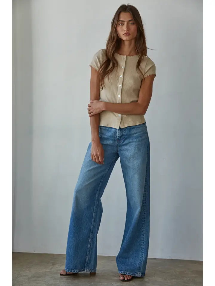 Knit Ribbed Buttondown Short Sleeve Cardigan Top