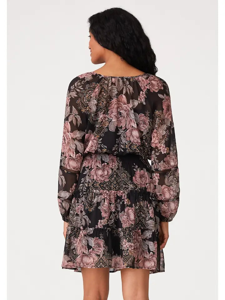 Floral Long Sleeve Smocked Tiered Mini Dress