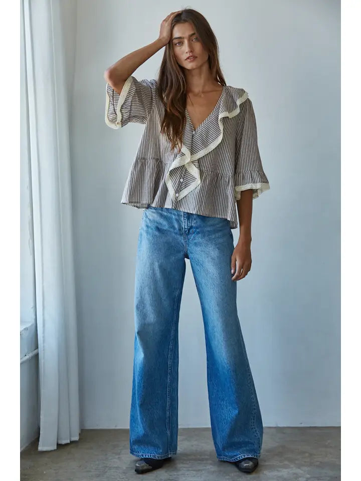 Woven Cotton Linen Striped Ruffle Top