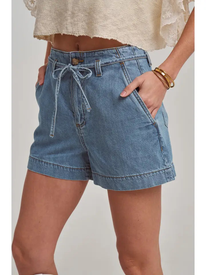 High Rise Denim Shorts with Strap Tie At the Waistband