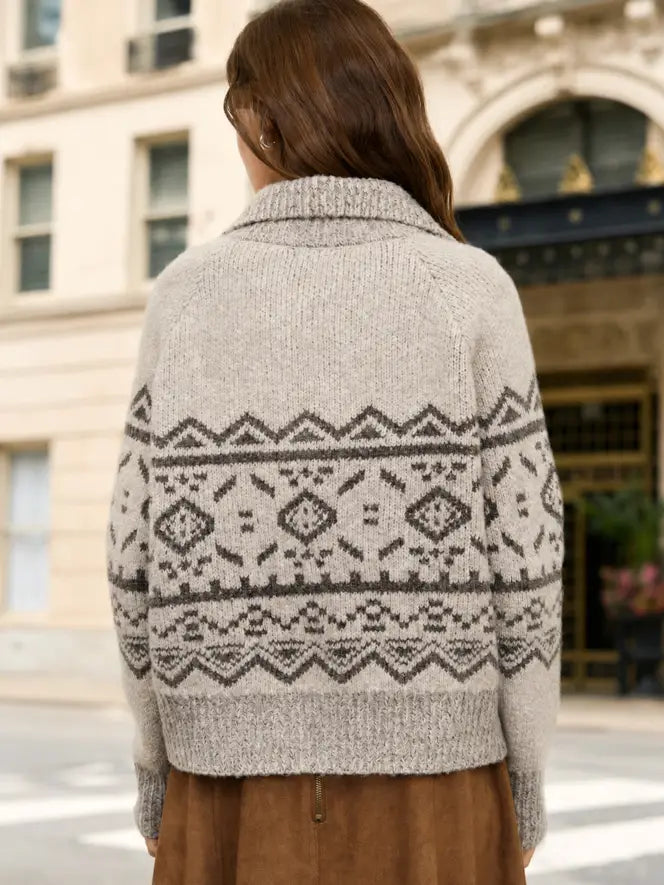 Light Taupe Fair Isle Knit Cardigan with Toggle Buttons