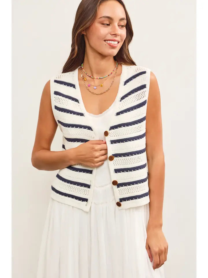 Striped Button Closure Sleeveless Sweater Vest