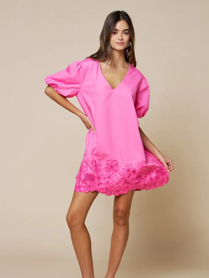 Floral Embroidery Hem V Neck Shor Puff Sleeve Mini Dress