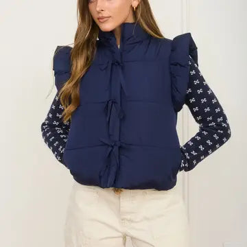 Flutter Sleeve Bow Detail Zip-Up Puffer Vest