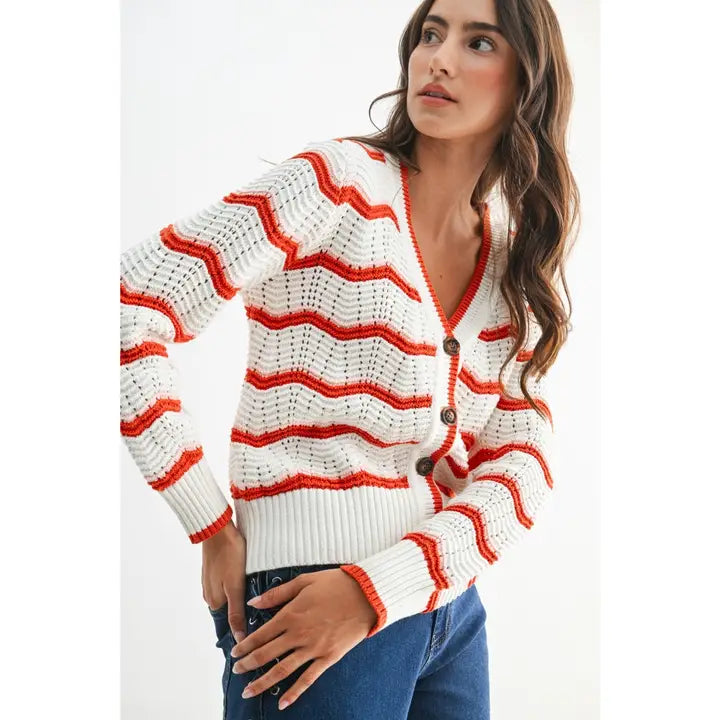Chevron Stripe Button-Up Knit Cardigan
