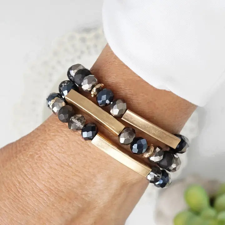 Beaded Bracelets in Black Glass Beads and Gold Tubes