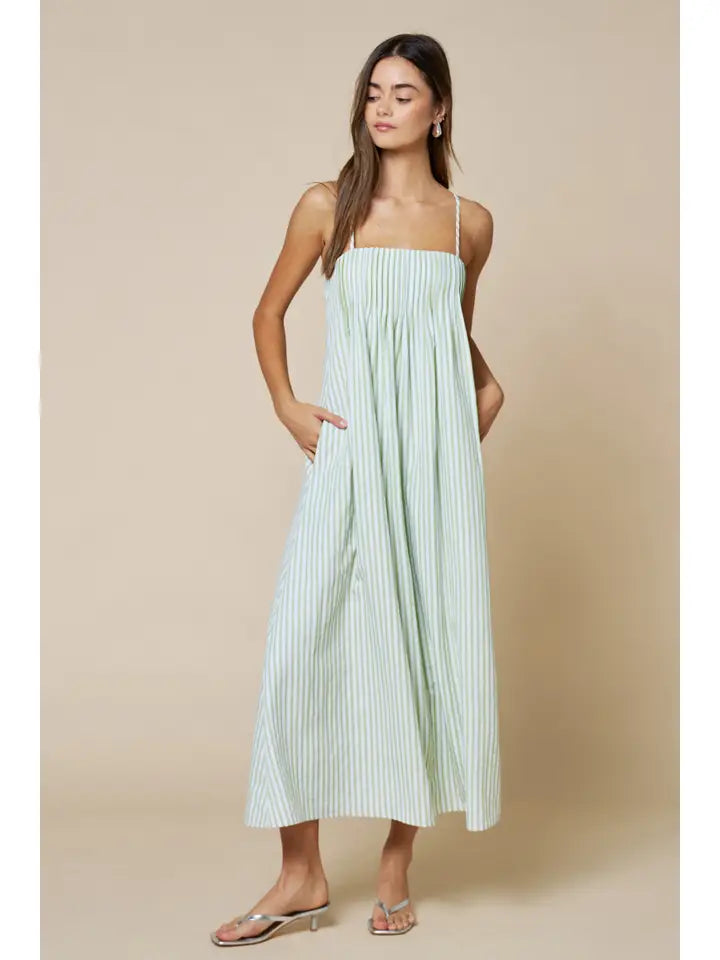 Stripe Print Pleated Spaghetti Straps Maxi Dress
