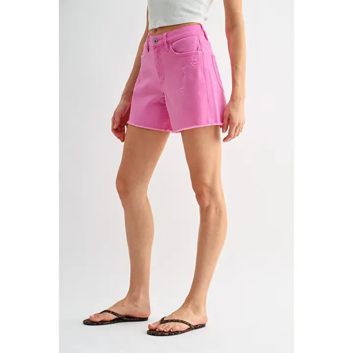 Pink High-Rise Raw Hem Mid Length Shorts