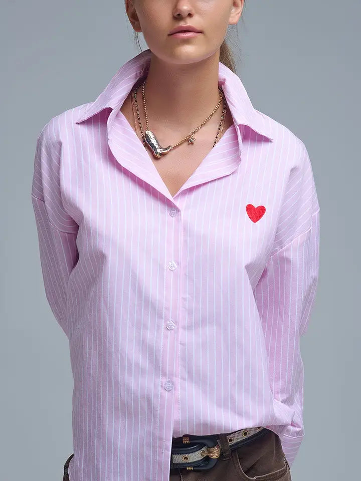 Pink Striped Shirt with Red Heart Embroidery