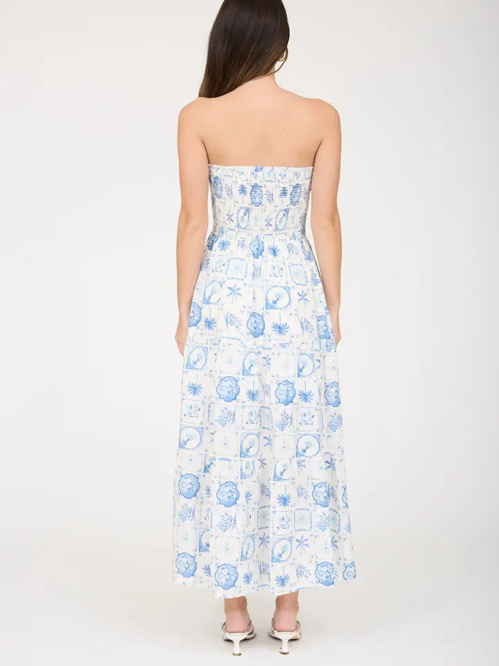 Plant Motif Smocked Strapless Tiered Midi Dress