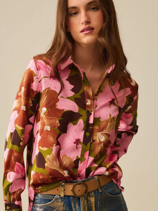 Satin Finish Tropical Floral Shirt in Olive Green