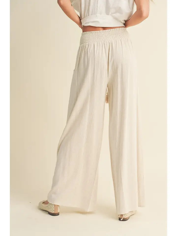 COTTON LINEN SMOCKED WAIST PANTS