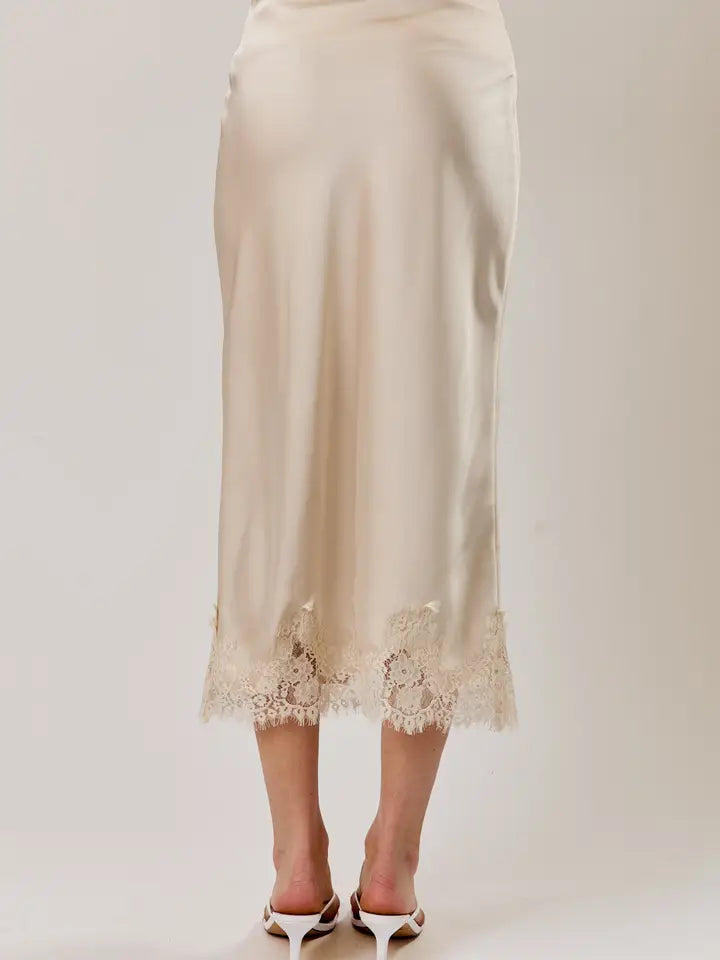 Lace Applique Satin Bias Midi Skirt