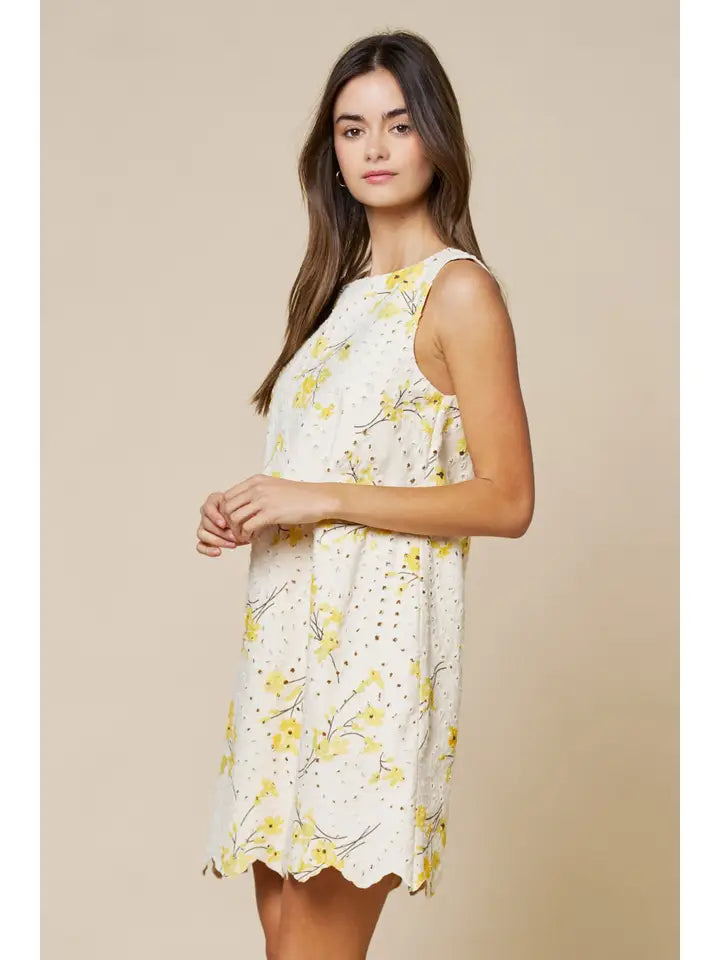 Floral Embroidered Eyelet Mini Shift Dress W/Scalloped Hem