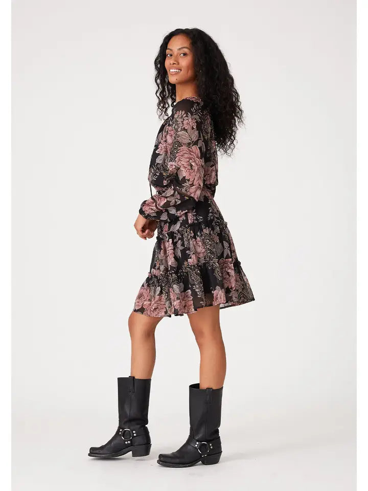 Floral Long Sleeve Smocked Tiered Mini Dress