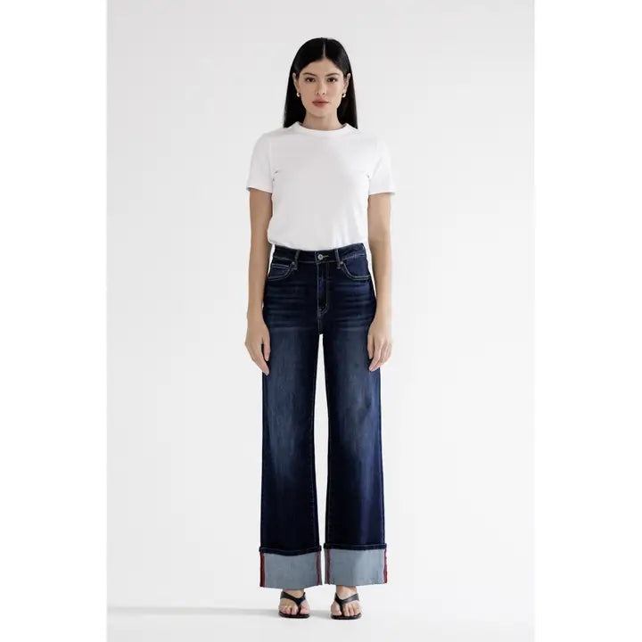 High Rise Wide Leg with Cuff Hem Dark wash