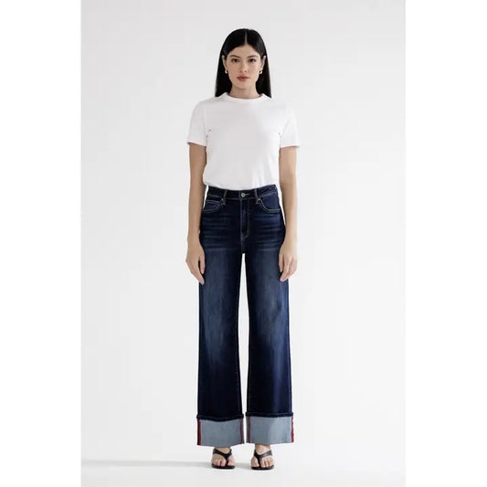 High Rise Wide Leg with Cuff Hem Dark wash