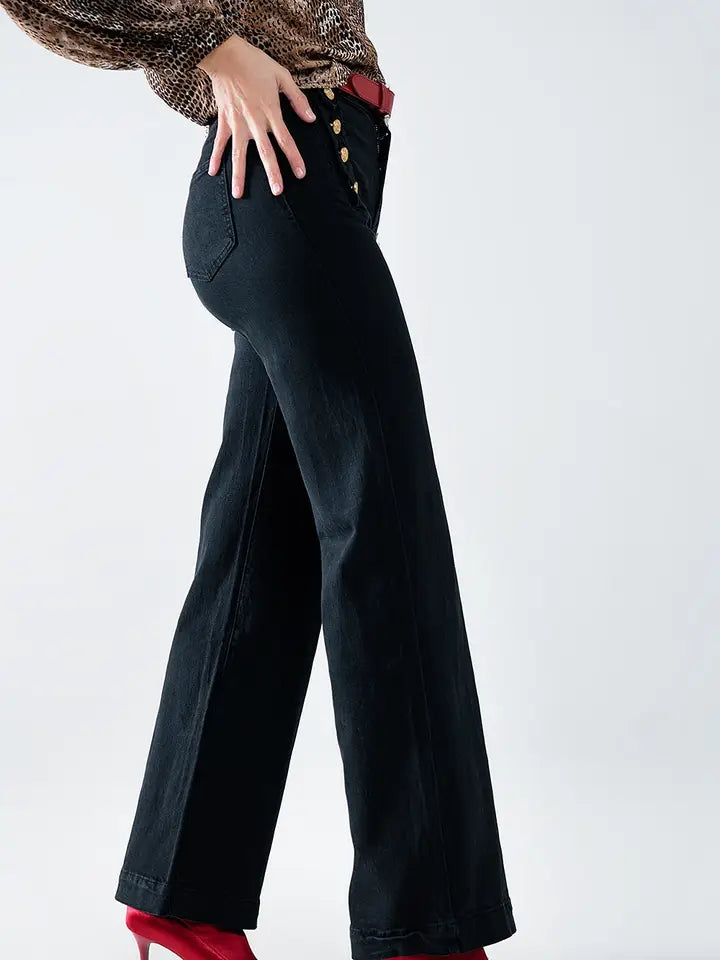 Straight Jeans with Gold Buttons At the Side