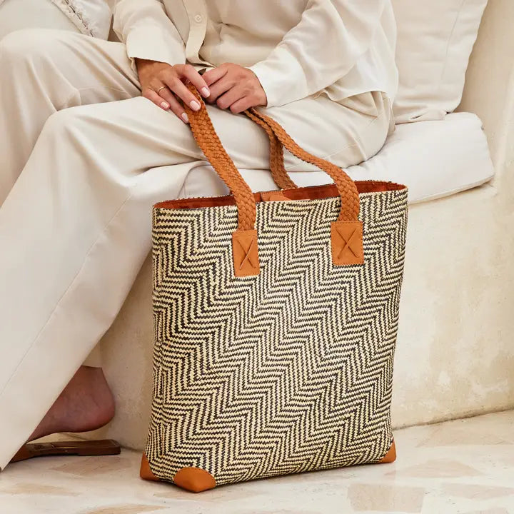 Oversized Rattan Tote Bag with Brown Leather Trim