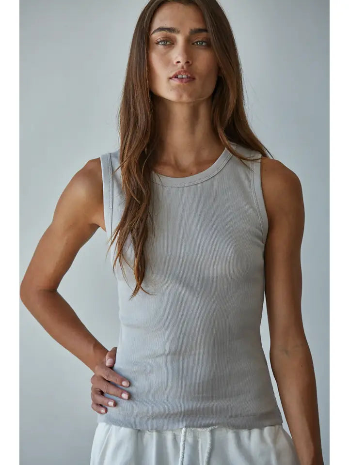 Knit Cotton Ribbed Round Neck Sleeveless Tank Top