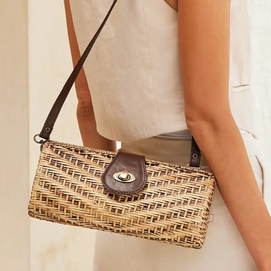 Rattan Convertible Clutch with Removable Leather Strap