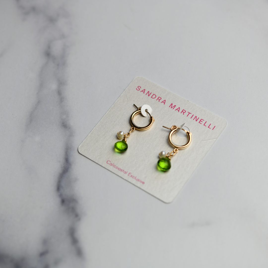 Peridot (Green) Gem Pearl Huggie Hoops