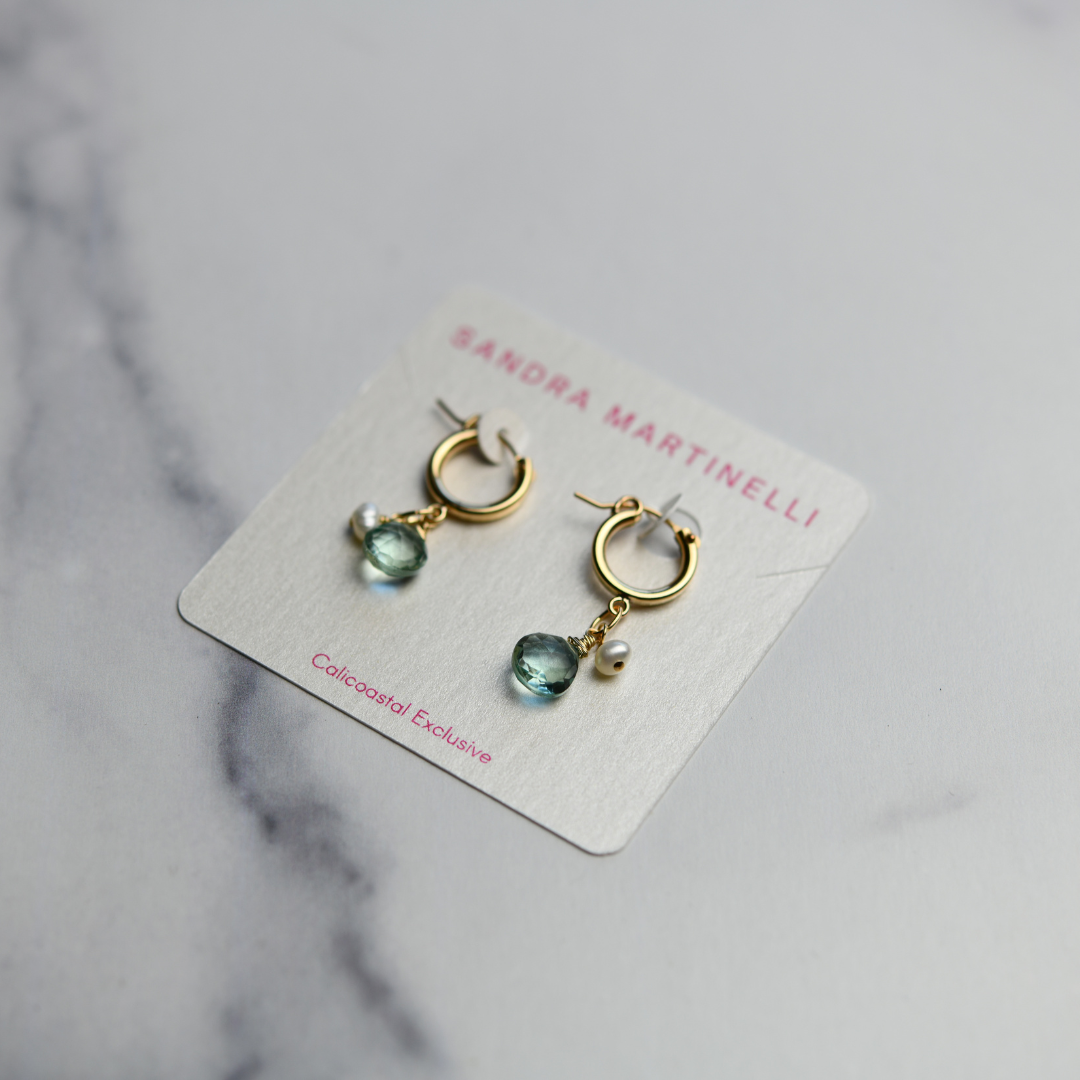 Aqua Quartz Gem Pearl Huggie Hoops