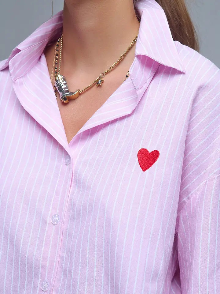 Pink Striped Shirt with Red Heart Embroidery