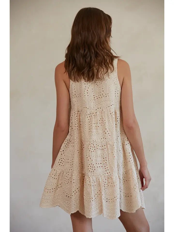 Cotton Eyelet Sleeveless Flare Mini Babydoll Dress
