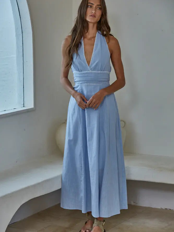 Woven Cotton Halter Neck Open Back Flare Midi Dress