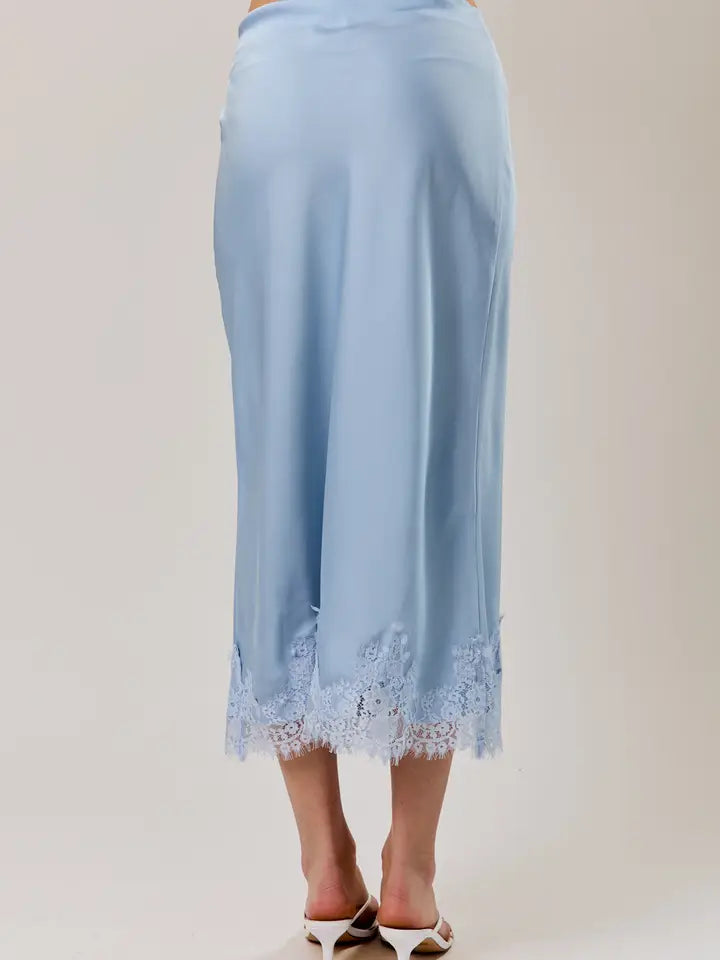 Lace Applique Satin Bias Midi Skirt